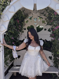 Fashion White Lace Short-sleeved Design A-line Party Dress Homecoming Dress HZ1024