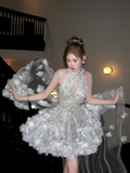 Gorgeous Glittering Silvery Beaded Sequined A-Line Halter Dress Design Party Dress Homecoming Dress HZ1024