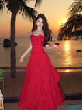 Vintage Ruffled Design Wine Red A-Line Women Spaghetti Strap Dress HZ1024