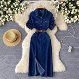 New Fashion Simple Belt Design Denim Dress HZ1024
