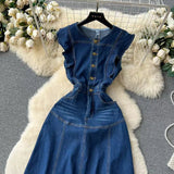 Vintage French Audrey Hepburn Waisted Design Denim Dress HZ1024
