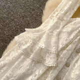 New Vintage Cuff Design Single-breasted High-waisted Lace Embroidery Dress HZ1024