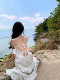 New Fashion White V-neck Tiered Dress Design Elegant A-line Spaghetti Strap Dress HZ1024