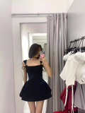 Simple Black Square Collar Design A-line Sleeveless Spaghetti Strap Puffy Dress HZ1024