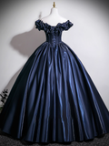 Gorgeous Navy Blue Satin Off-the-shoulder Sweet 16 Quinceanera A-Line Ruffled Evening Dress Ball Gown HZ1024