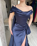 AMAZING LONG NAVY OFF-THE-SHOULDER MERMAID EVENING PARTY GOWNS LONG SLIT HZ1024