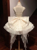 Vintage Beige 3D Flower Bow Design Lace Tulle Tiered Homecoming Dress HZ1024