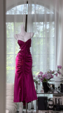 Vintage Fuchsia Sheath Long Prom Dress Pleated Satin Spaghetti Strap Formal Dress HZ1024