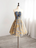 Vintage Sequin Beaded Strapless Ruffled Hem Design A-line Tulle Party Dress Homecoming Dress HZ1024