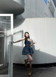 Vintage Ruffled Hem Design A-line High-waist Sleeveless Spaghetti Strap Denim Dress HZ1024