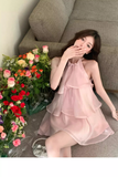 Stylish Pink Patchwork Ruffled Sleeveless Seaside Holiday Halter Dress HZ1024