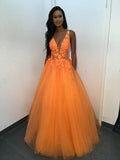 Orange tulle lace long A line prom dress evening dress HZ1024