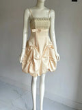 Vintage Champagne A-Line Spaghetti Strap Homecoming Dress Satin Beaded Party Dress Short Cocktail Dress HZ1024