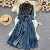 Vintage Embroidery Design Sense high-end Elegant Long Single-breasted Denim Dress HZ1024