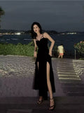 Simple Black V-neck Split Dress Design A-line Sleeveless Spaghetti Strap Dress HZ1024