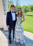 Beautiful Blue Floral Shoulder Strap Sheath Tiered Party Dress Bridesmaid Dress HZ1024