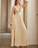 Elegant V-neck A-Line Satin High Slit Party Dress Evening Gown Bridesmaid Dress HZ1024