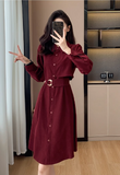 Simple Fashion Red Belt Elegant Design Women Long-sleeved Dress HZ1024
