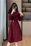 Simple Fashion Red Belt Elegant Design Women Long-sleeved Dress HZ1024