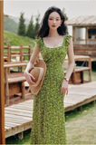 Vintage Simple Elegant Green Floral Design Beach Holiday Women Long Dress HZ1024