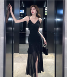 Vintage Irregular Design Black A-Line Mesh Women Spaghetti Strap Dress HZ1024