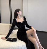 Simple Elegant Square Collar Beading Design Black Wool A-Line Long-sleeved Dress HZ1024