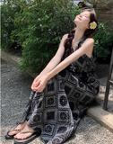 Vintage Fashion Black Floral Print Design Beach Holiday A-line Halter Dress HZ1024