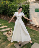 Simple Fashion White V-neck Design Elegant A-line Short-sleeved Dress HZ1024