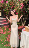 Vintage Fashion Floral Mesh Design Elegant Beach Holiday Mermaid A-line Spaghetti Strap Dress HZ1024