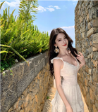 New Fashion White V-neck Tiered Dress Design Elegant A-line Spaghetti Strap Dress HZ1024