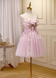 Charming Pink 3D Flowers Design Elegant Mesh Sleeveless Strapless Homecoming Dress HZ1024