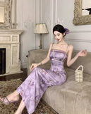 Vintage Purple Floral Design Satin A-line Spaghetti Strap Dress HZ1024