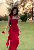 Vintage Red 3D Flower Irregular Hem Design Chiffon A-line Spaghetti Strap Dress HZ1024