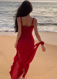 Vintage Red 3D Flower Irregular Hem Design Chiffon A-line Spaghetti Strap Dress HZ1024