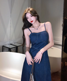 Simple Fashion Navy Blue Design A-line Spaghetti Strap Denim Dress HZ1024