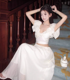 Sweet Apricot V-neck Waist-exposing Design A-line Cute Sleeve Women Dress HZ1024
