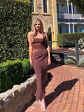 Simple Dark Khaki Halter Dress Design A-line Tulle Women Dress HZ1024
