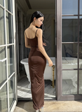 Fashion Brown Beading Spaghetti Strap Design A-line Mermaid Women Dress HZ1024