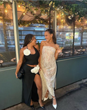 Elegant Lace Prom Dress Sheath Strapless Evening Gown Long Party Dress Formal Dress HZ1024