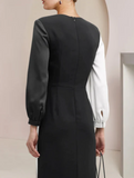 Vintage Sheath V-neck Satin Mother of Bride Dress Long Sleeve Evening Gown Floor Length Formal Dress HZ1024