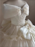 Gorgeous Ivory Applique Beaded Off-the-shoulder Sweet 16 Quinceanera A-Line Tulle Evening Dress Ball Gown HZ1024