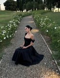 Chic Black A-Line Evening Gown Straps Party Dress Tea Length Formal Dress HZ1024