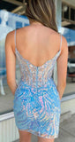Vintage Blue Sequined Bodycon Design Elegant Spaghetti Strap Homecoming Dress HZ1024