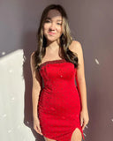 Fashion Red Beaded Bowknot Design Tight Short Strapless Homecoming Dress HZ1024