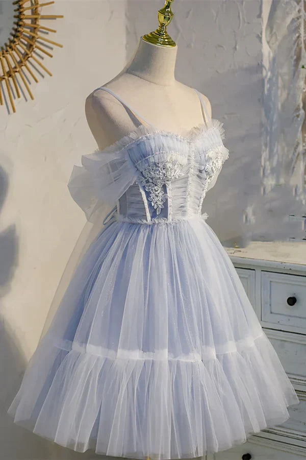 Sweet Light Blue Lace Appliques Design A-line Tulle Short Spaghetti Strap Homecoming Dress HZ1024