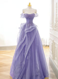 Purple A-line Tulle Off Shoulder Long Prom Dress, Purple Lace Evening Dress HZ1024
