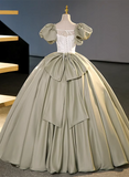 Green Short Sleeves Ball Gown Satin Long Sweetheart Dress, Green Long Formal Dress HZ1024