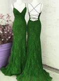 Green V-neckline Lace Cross Back Mermaid Party Dress, Green Long Evening Dress Prom Dress HZ1024