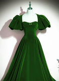 Green A-line Velvet Backless Long Party Dress, Green Short Sleeves Formal Dress Prom Dress HZ1024