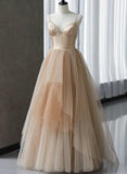 Champagne V-neckline Beaded Tulle Prom Dress, A-line Low Back Party Dress HZ1024